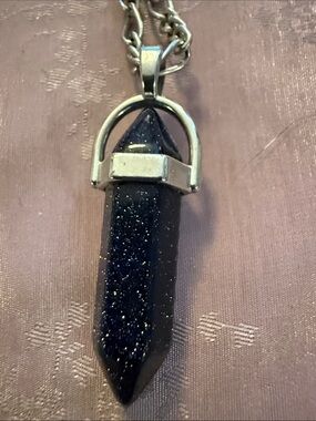 Blue Goldstone Point Pendant Necklace - Sparkling Navy Crystal